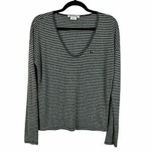 Lacoste Gray White Striped V-Neck Long Sleeve Top Size 36 Crocodile Logo